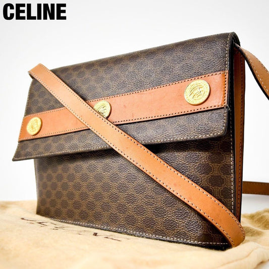 CELINE Shoulder Bag Purse Macadam Leather Brown Authentic