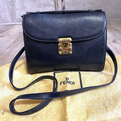 FENDI Shoulder Bag Purse Leather Dark Navy Authentic