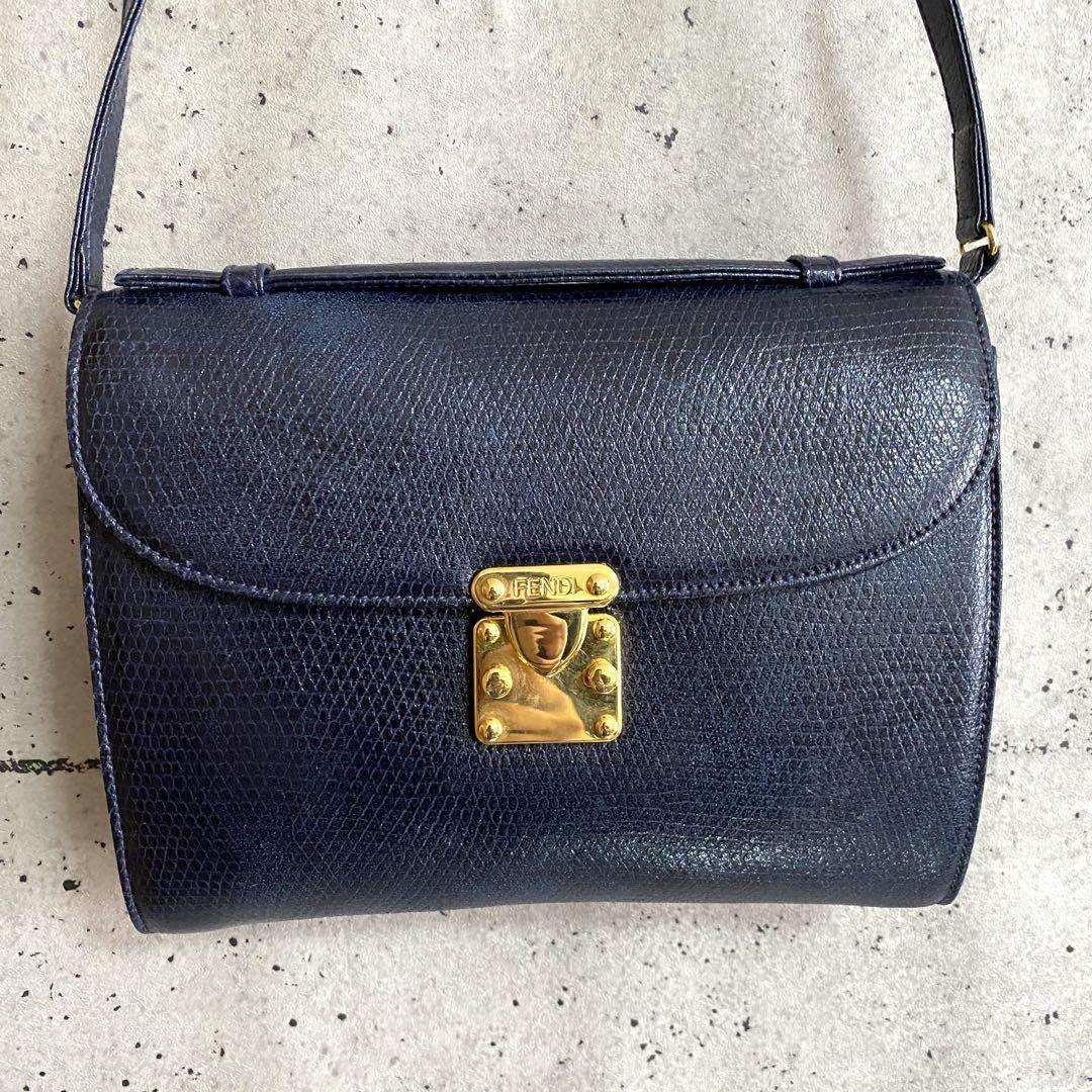 FENDI Shoulder Bag Purse Leather Dark Navy Authentic