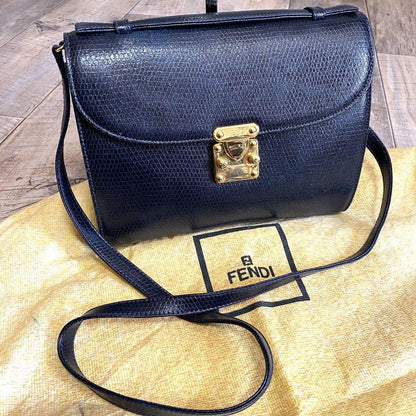 FENDI Shoulder Bag Purse Leather Dark Navy Authentic