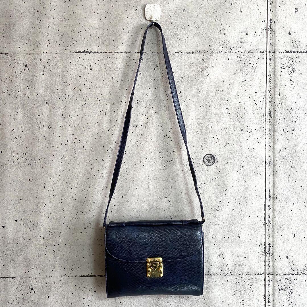 FENDI Shoulder Bag Purse Leather Dark Navy Authentic