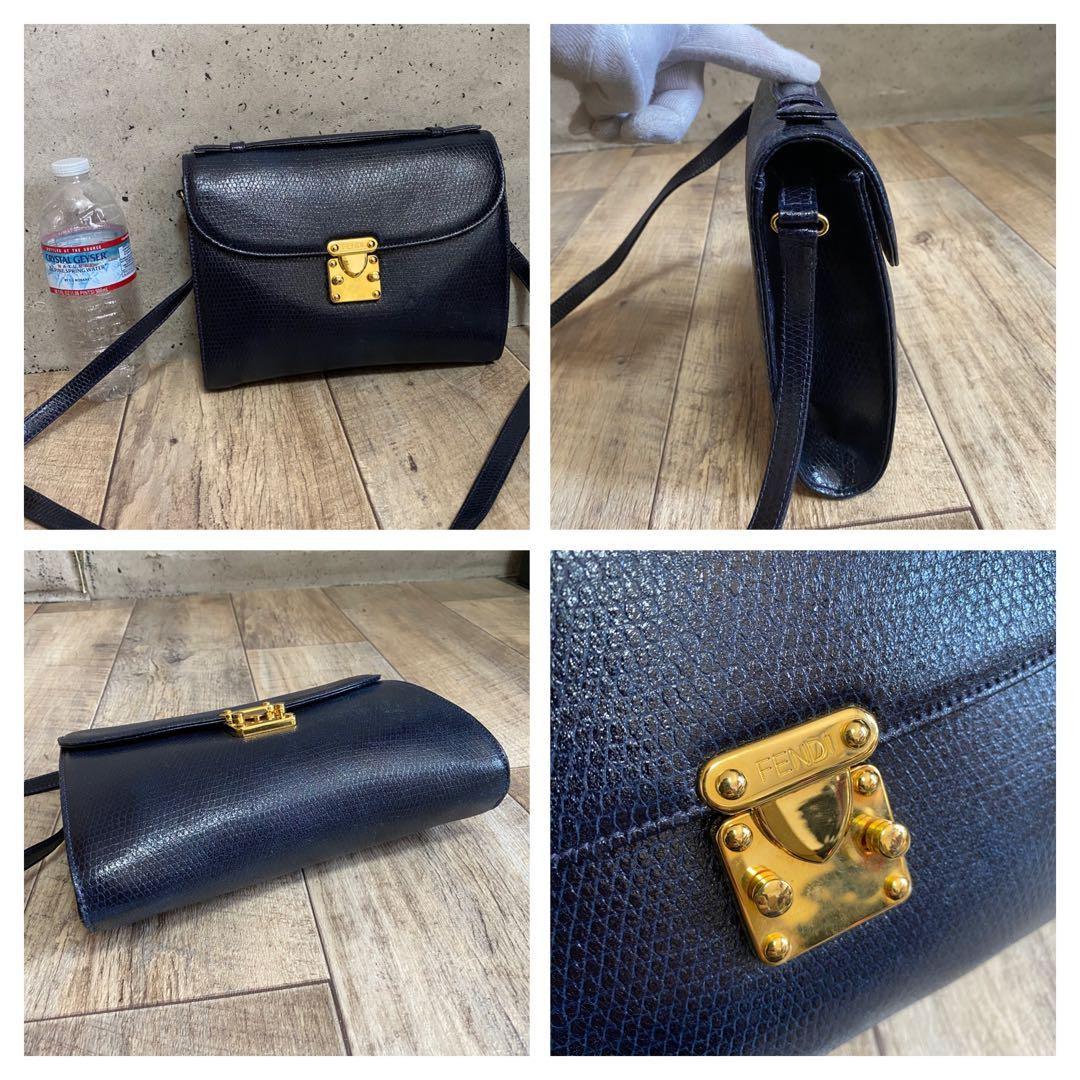 FENDI Shoulder Bag Purse Leather Dark Navy Authentic