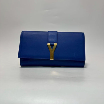 Saint Laurent Clutch Bag Second Bag Y Line Leather Blue Authentic