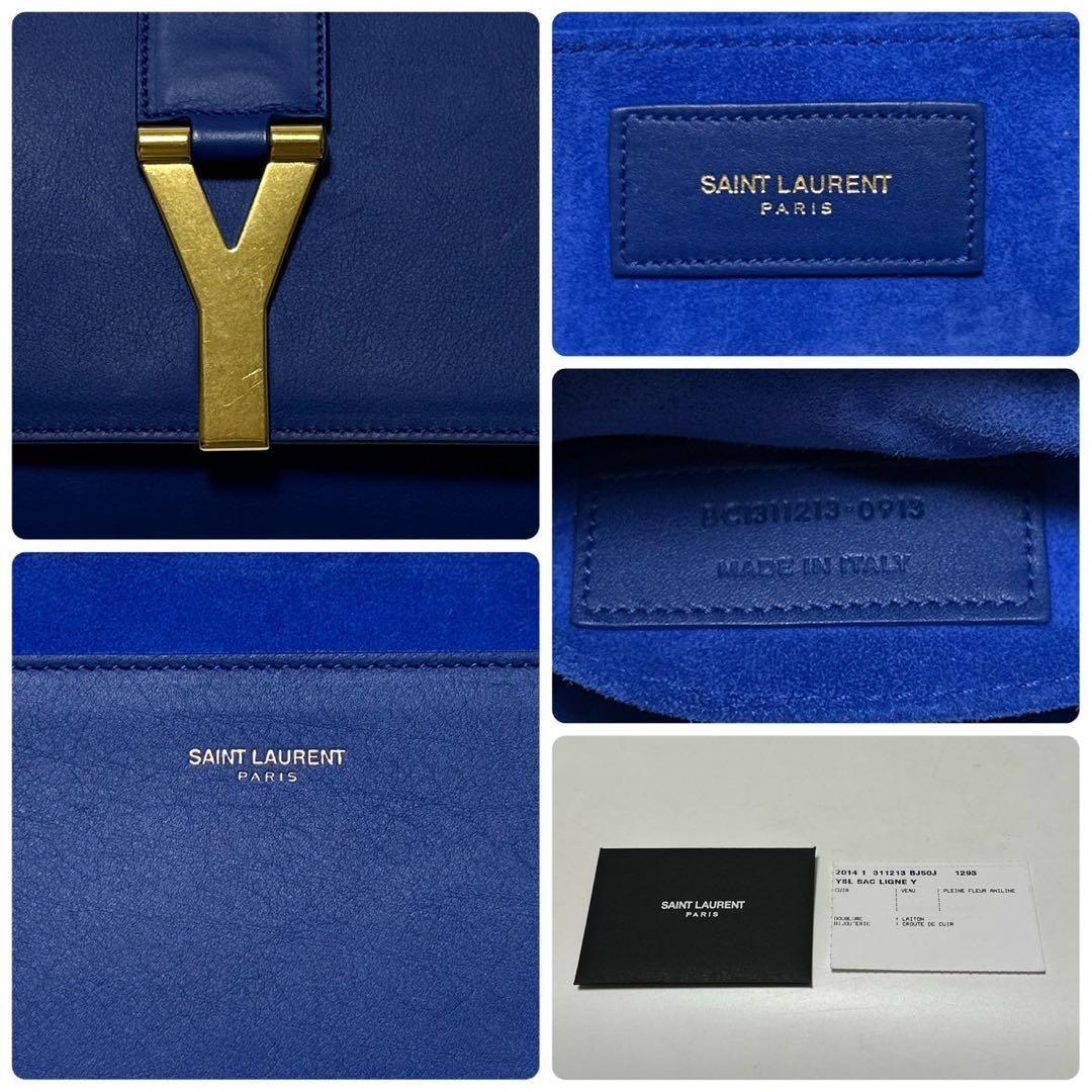 Saint Laurent Clutch Bag Second Bag Y Line Leather Blue Authentic
