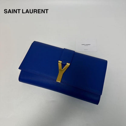 Saint Laurent Clutch Bag Second Bag Y Line Leather Blue Authentic