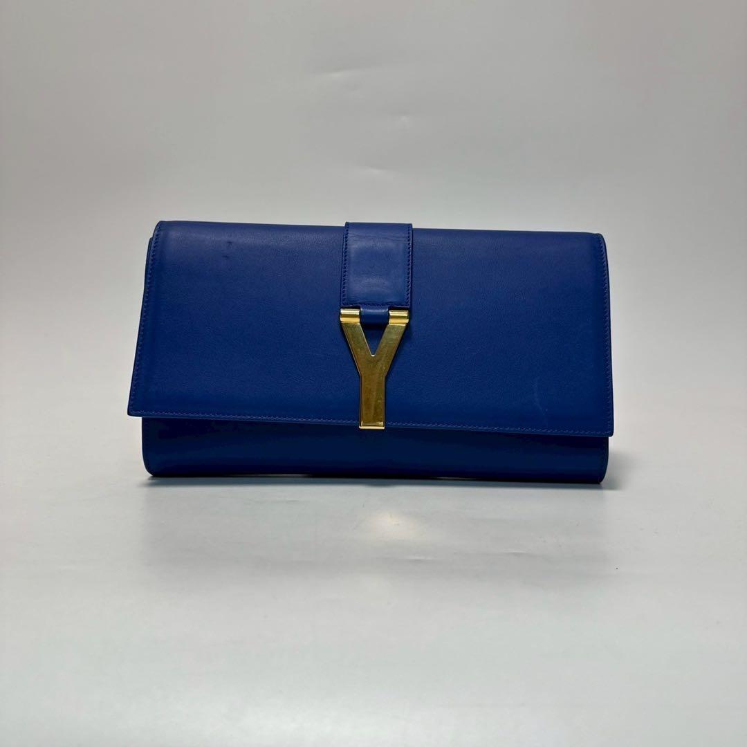 Saint Laurent Clutch Bag Second Bag Y Line Leather Blue Authentic
