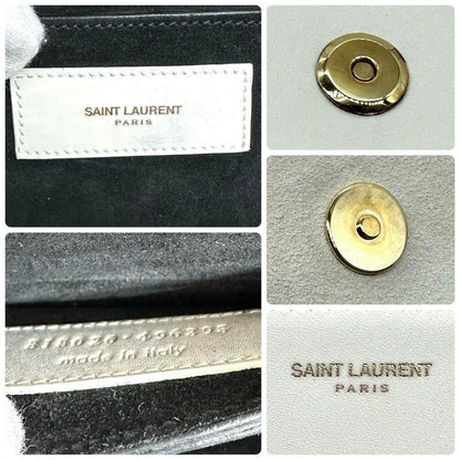 Saint Laurent Clutch Bag Second Bag Logo Leather White Black Authentic