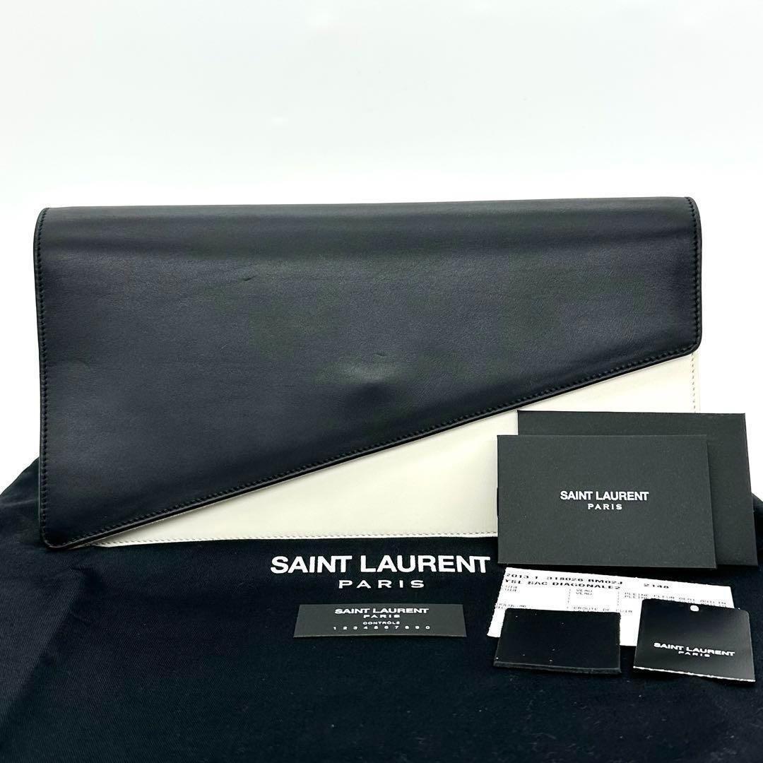 Saint Laurent Clutch Bag Second Bag Logo Leather White Black Authentic
