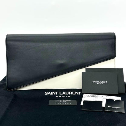 Saint Laurent Clutch Bag Second Bag Logo Leather White Black Authentic