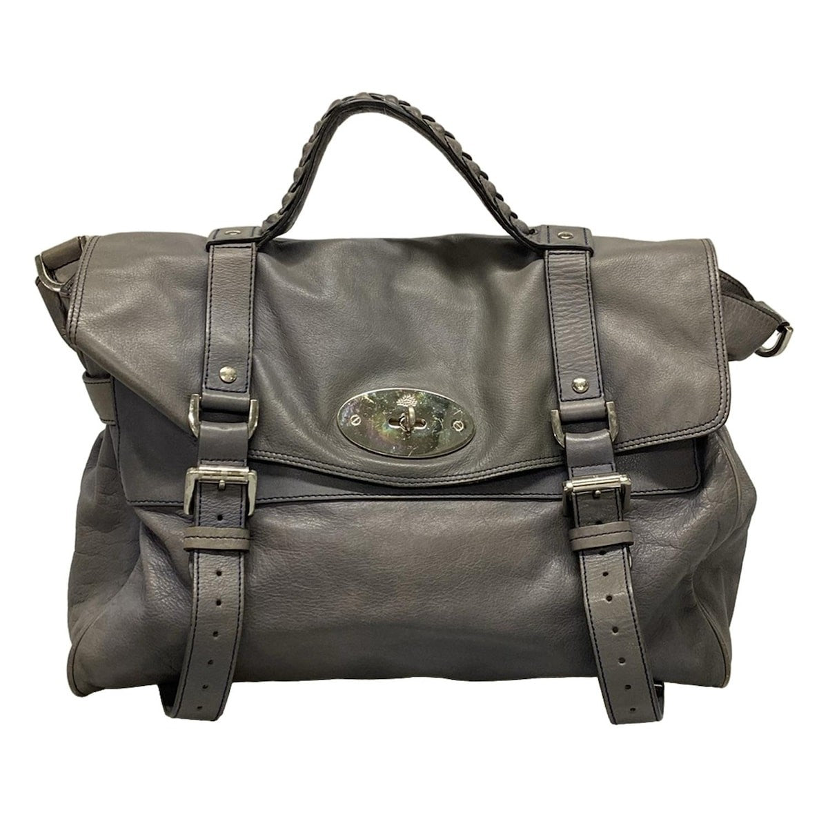 MULBERRY Hand Bag Tote Purse Turn Lock Leather Blue Gray Authentic