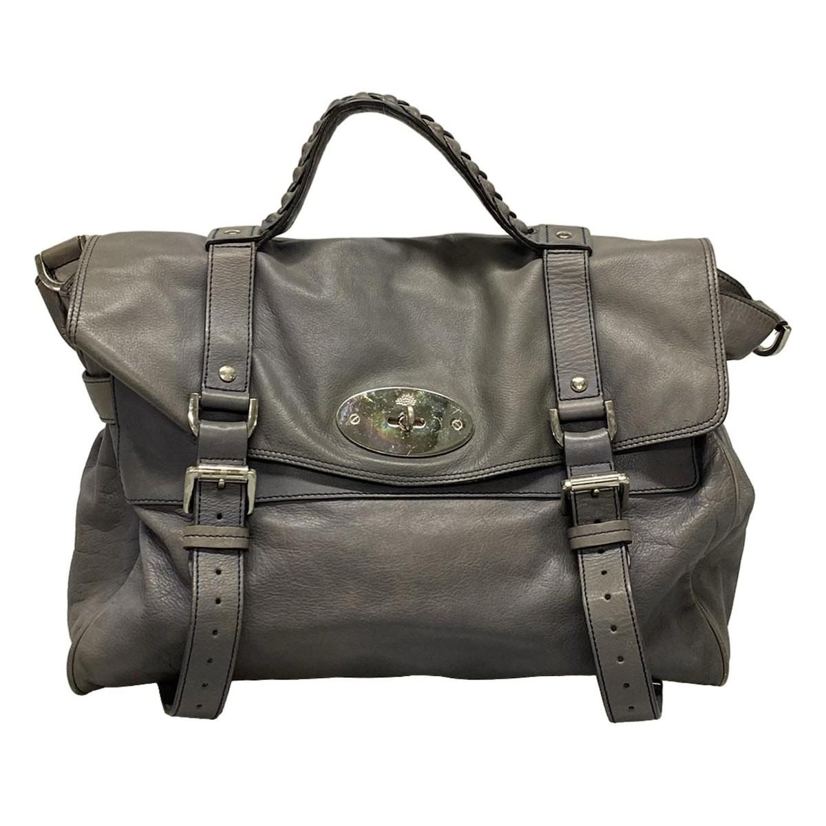 MULBERRY Hand Bag Tote Purse Turn Lock Leather Blue Gray Authentic