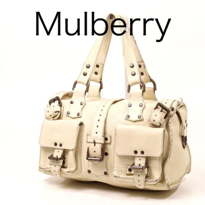 MULBERRY Hand Bag Tote Purse Boston Leather Off White Authentic