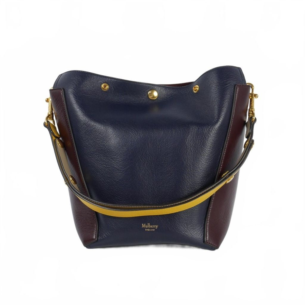 MULBERRY Shoulder Bag Purse Camden Bucket Leather Navy Brown Yellow Authentic