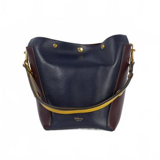 MULBERRY Shoulder Bag Purse Camden Bucket Leather Navy Brown Yellow Authentic