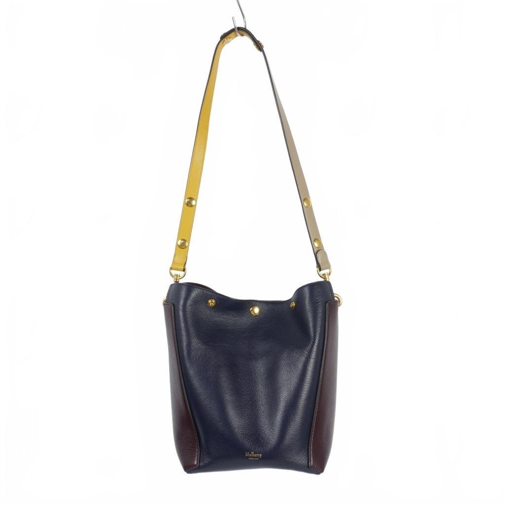 MULBERRY Shoulder Bag Purse Camden Bucket Leather Navy Brown Yellow Authentic