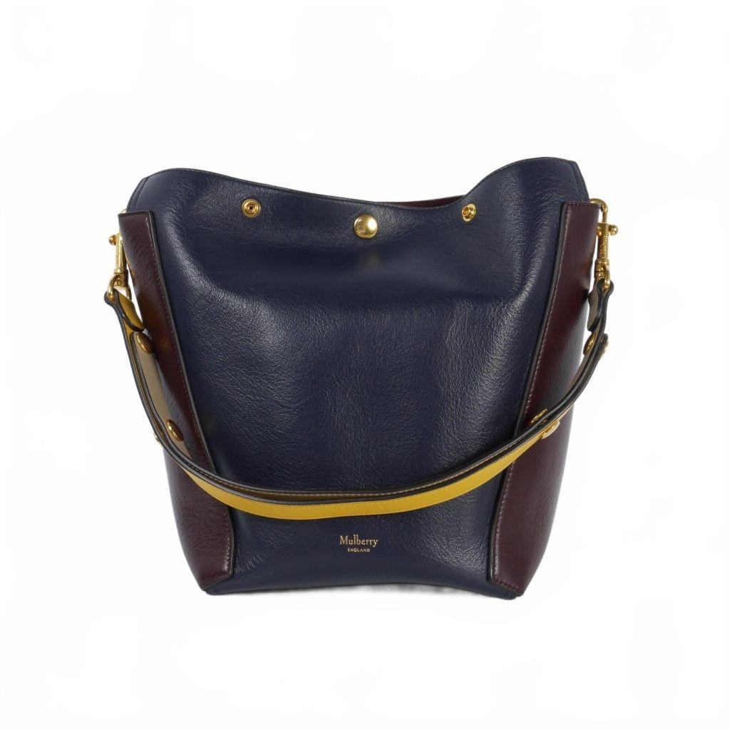MULBERRY Shoulder Bag Purse Camden Bucket Leather Navy Brown Yellow Authentic