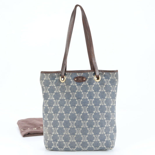 CELINE Hand Bag Tote Purse Macadam Denim Canvas Leather Blue Brown Authentic