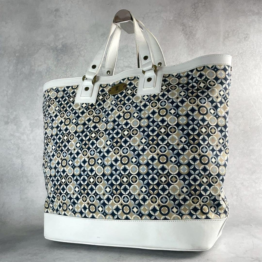 CELINE Hand Bag Tote Purse Leather Canvas Multicolor White Authentic