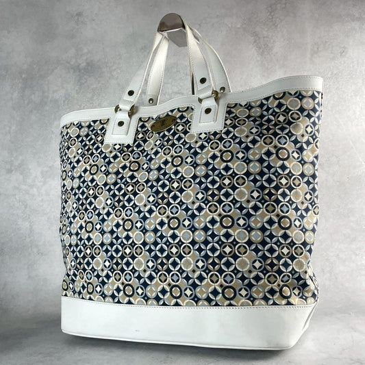 CELINE Hand Bag Tote Purse Leather Canvas Multicolor White Authentic