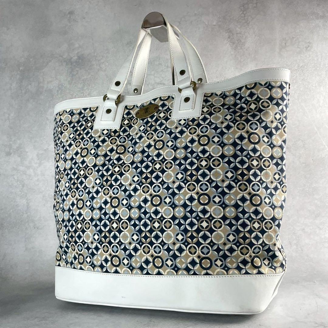 CELINE Hand Bag Tote Purse Leather Canvas Multicolor White Authentic