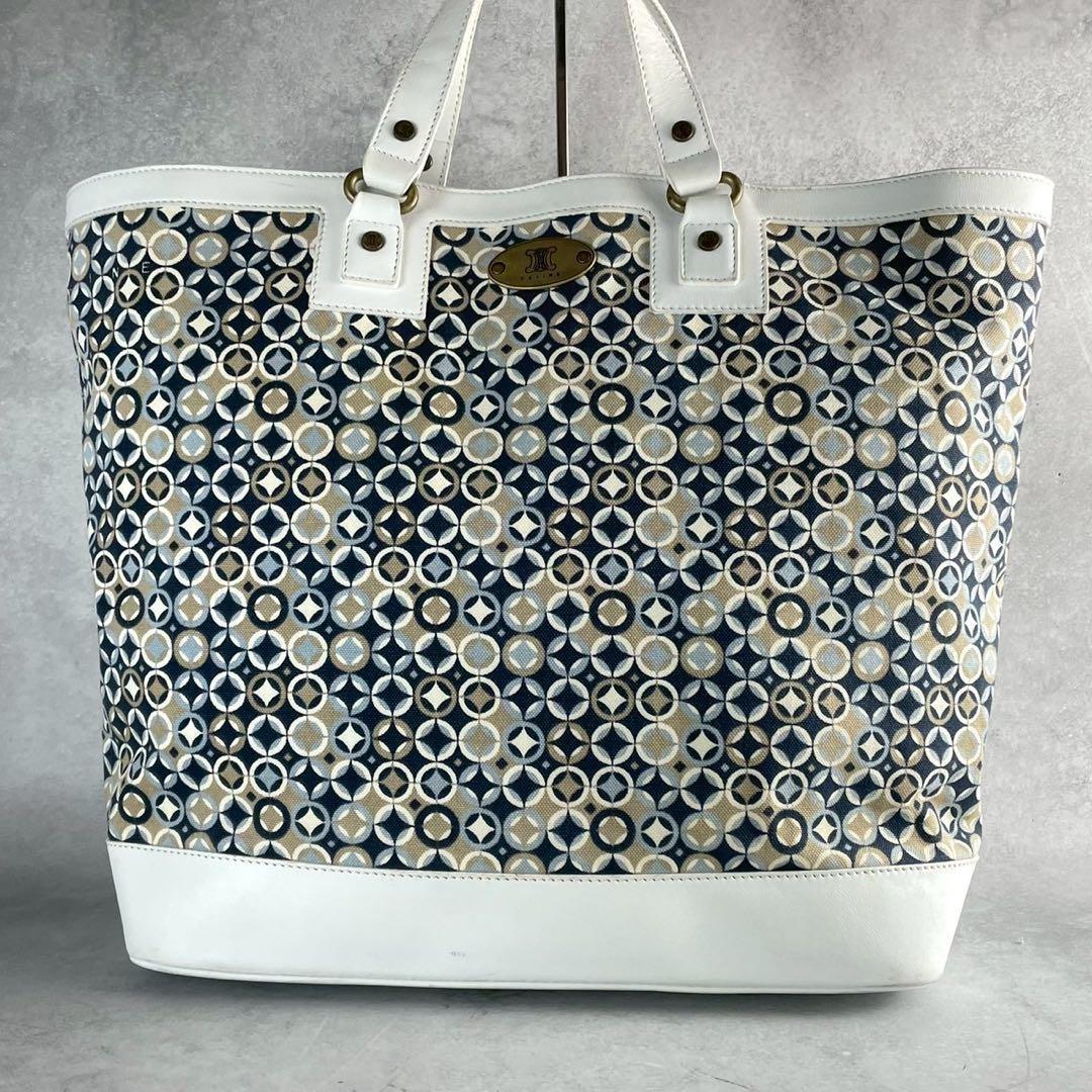 CELINE Hand Bag Tote Purse Leather Canvas Multicolor White Authentic