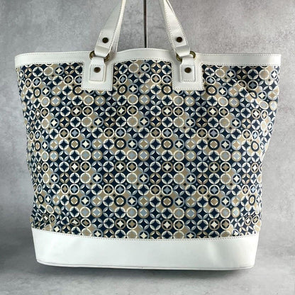 CELINE Hand Bag Tote Purse Leather Canvas Multicolor White Authentic