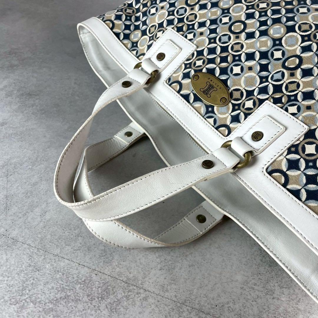 CELINE Hand Bag Tote Purse Leather Canvas Multicolor White Authentic