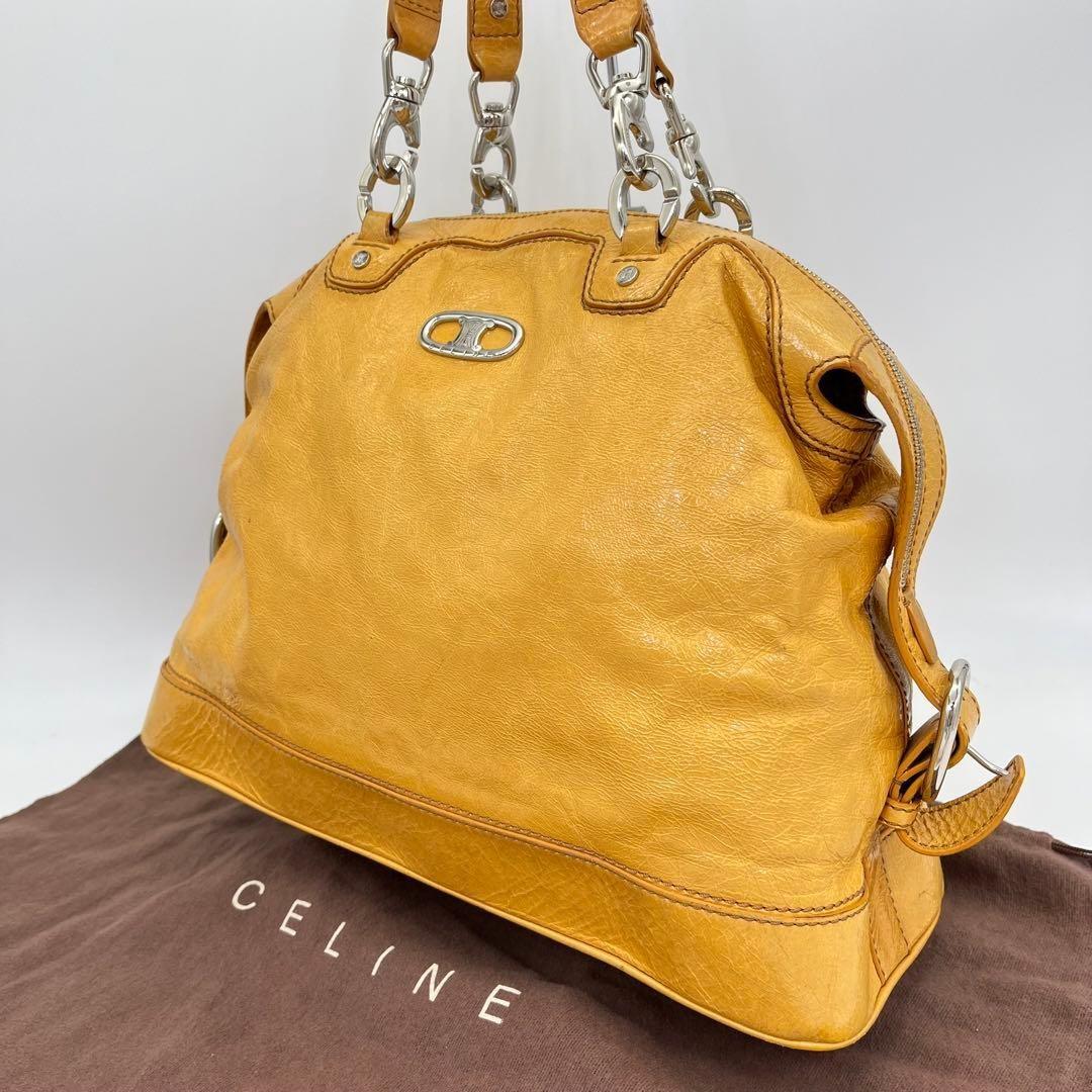 CELINE Hand Bag Tote Purse Mini Boston Leather Yellow Authentic