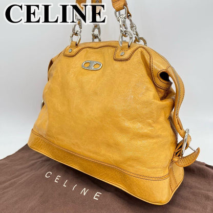 CELINE Hand Bag Tote Purse Mini Boston Leather Yellow Authentic