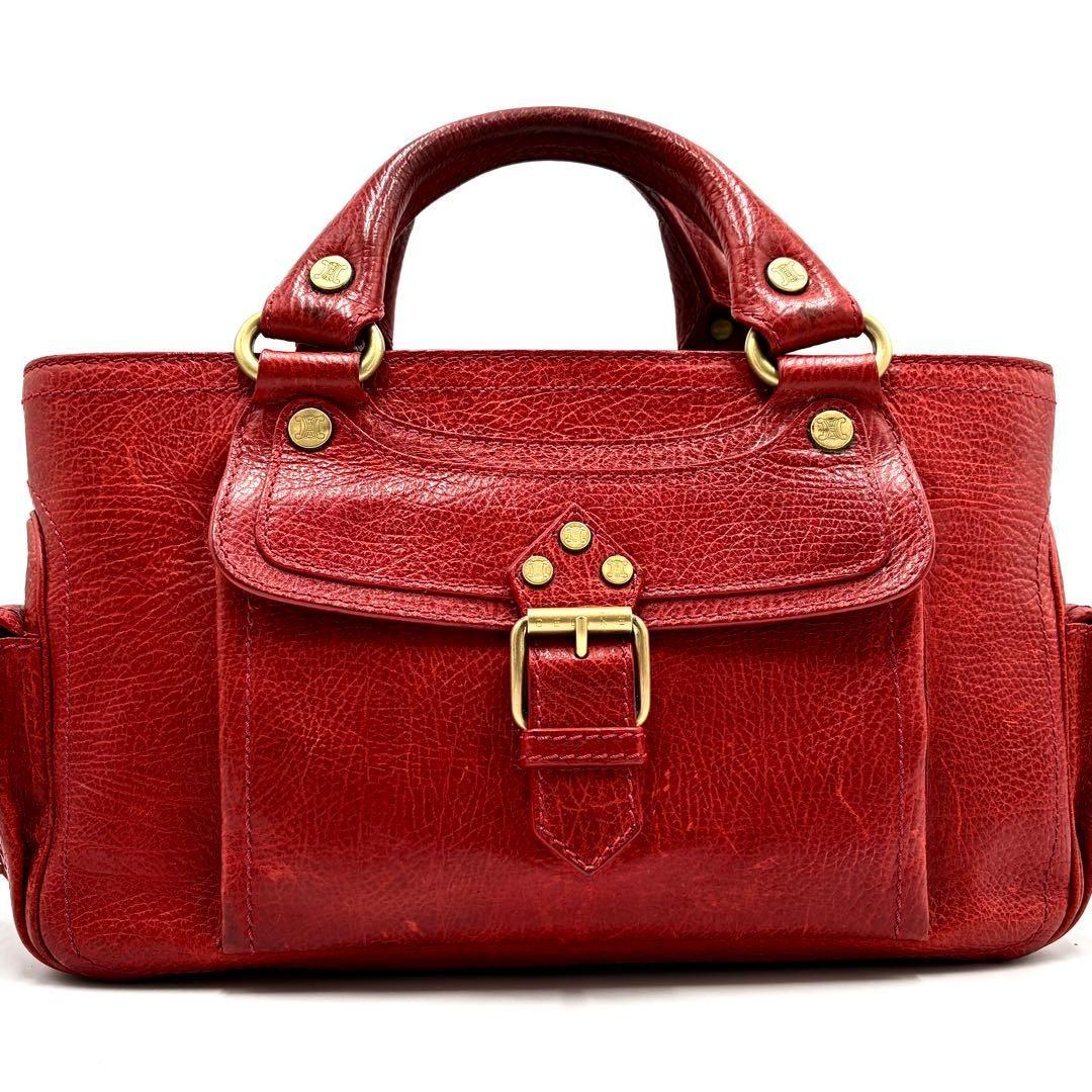 CELINE Hand Bag Tote Purse Boogie Leather Red Authentic