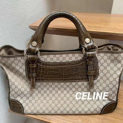 CELINE Hand Bag Tote Purse Boogie Macadam Leather Canvas Brown Authentic