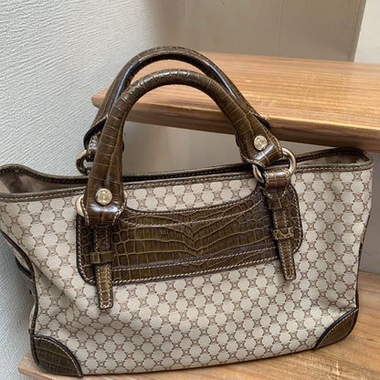 CELINE Hand Bag Tote Purse Boogie Macadam Leather Canvas Brown Authentic