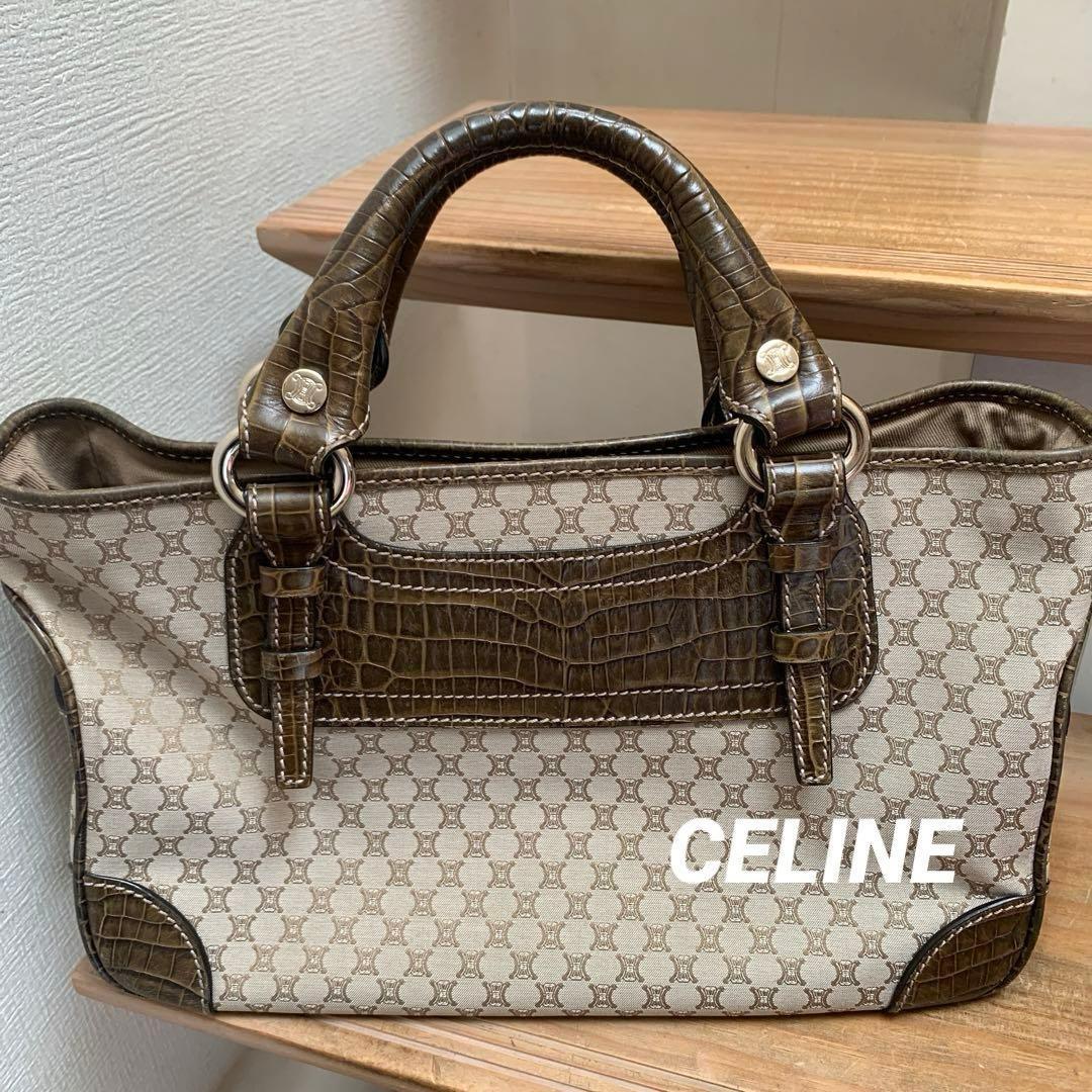 CELINE Hand Bag Tote Purse Boogie Macadam Leather Canvas Brown Authentic