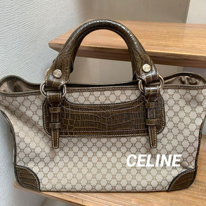 CELINE Hand Bag Tote Purse Boogie Macadam Leather Canvas Brown Authentic