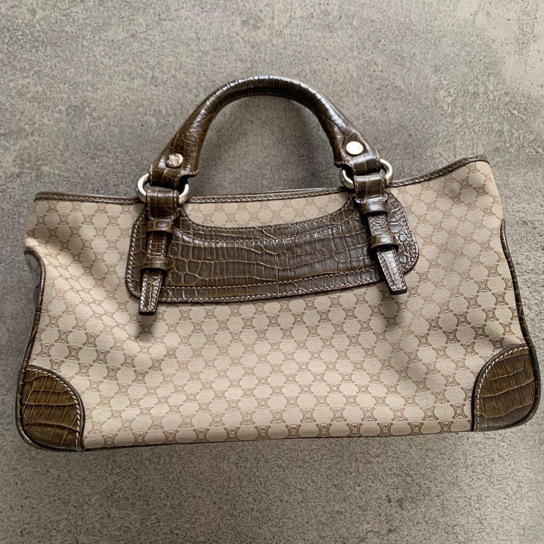 CELINE Hand Bag Tote Purse Boogie Macadam Leather Canvas Brown Authentic