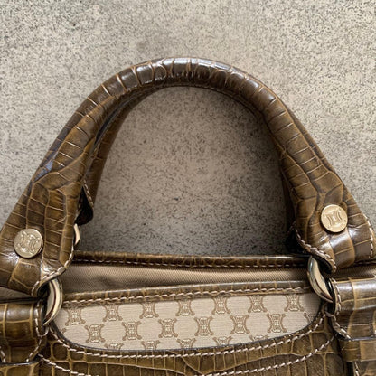 CELINE Hand Bag Tote Purse Boogie Macadam Leather Canvas Brown Authentic