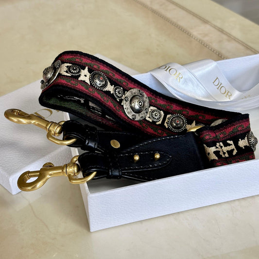 Christian Dior Shoulder Strap Embroidery Studs Logo Adjustable Canvas Red Silver