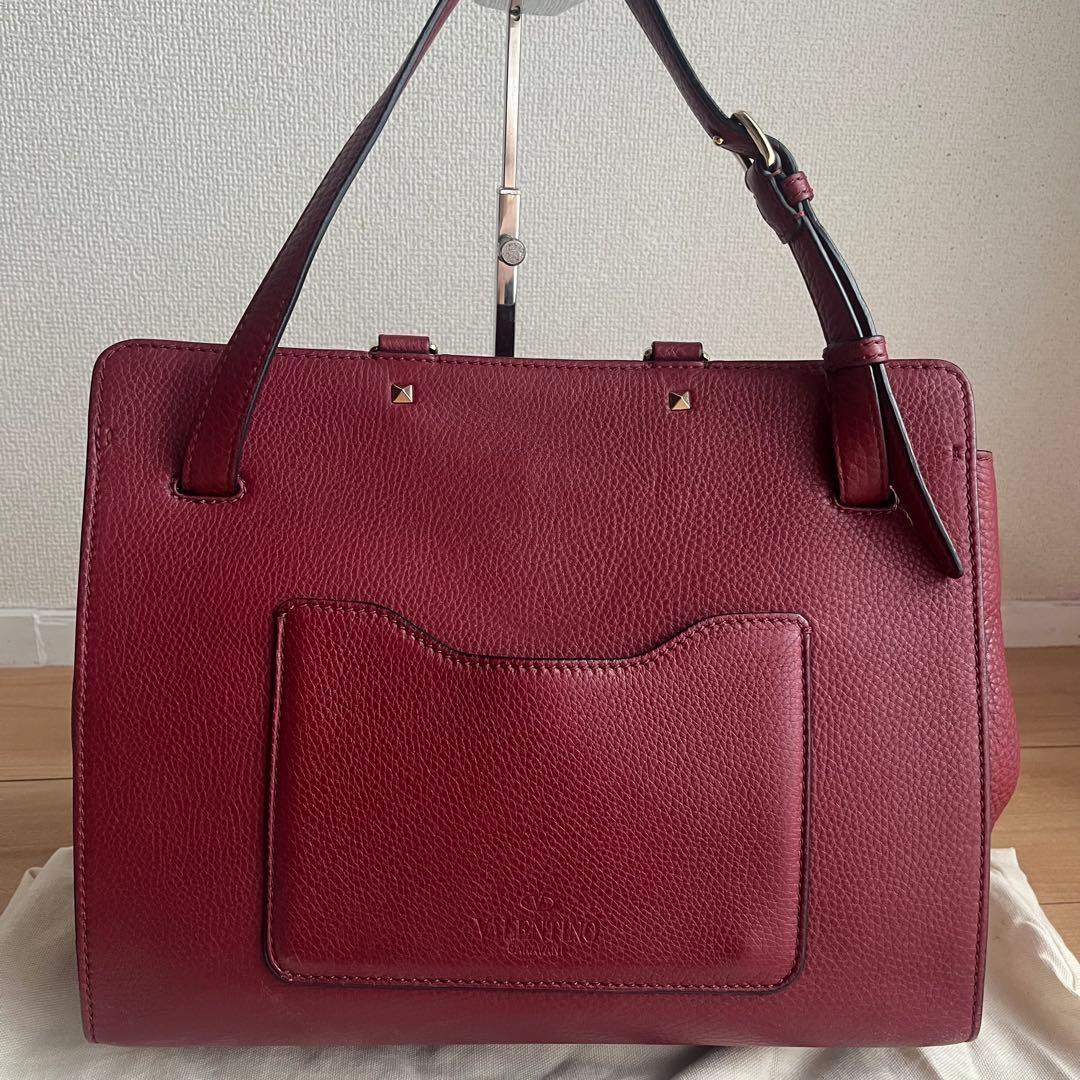 Valentino Hand Bag Tote Purse Logo Leather Red Authentic