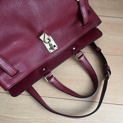 Valentino Hand Bag Tote Purse Logo Leather Red Authentic