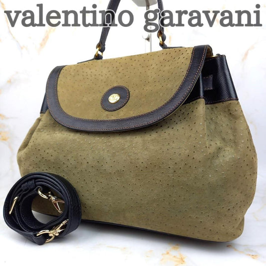 Valentino Garavani Hand Shoulder Bag Tote Purse 2way Logo Leather Black Khaki