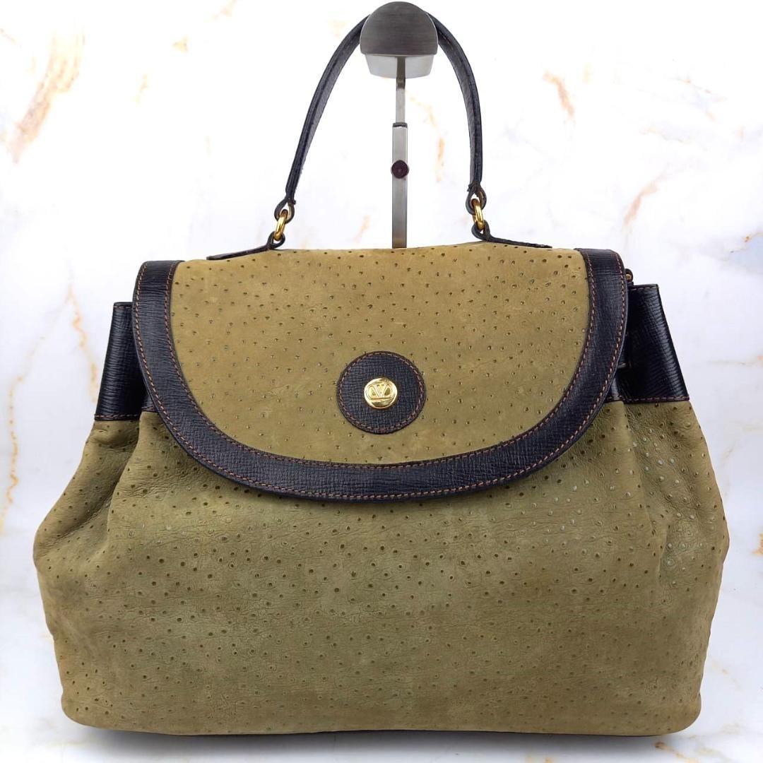 Valentino Garavani Hand Shoulder Bag Tote Purse 2way Logo Leather Black Khaki