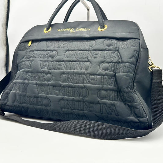 VALENTINO CHRISTY Boston Bag Shoulder Bag Purse Cotton Black Authentic