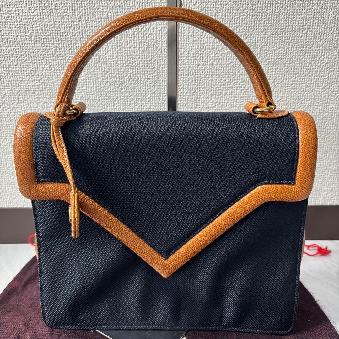 Valentino Garavani Hand Bag Tote Purse Charm Leather Canvas Navy Authentic