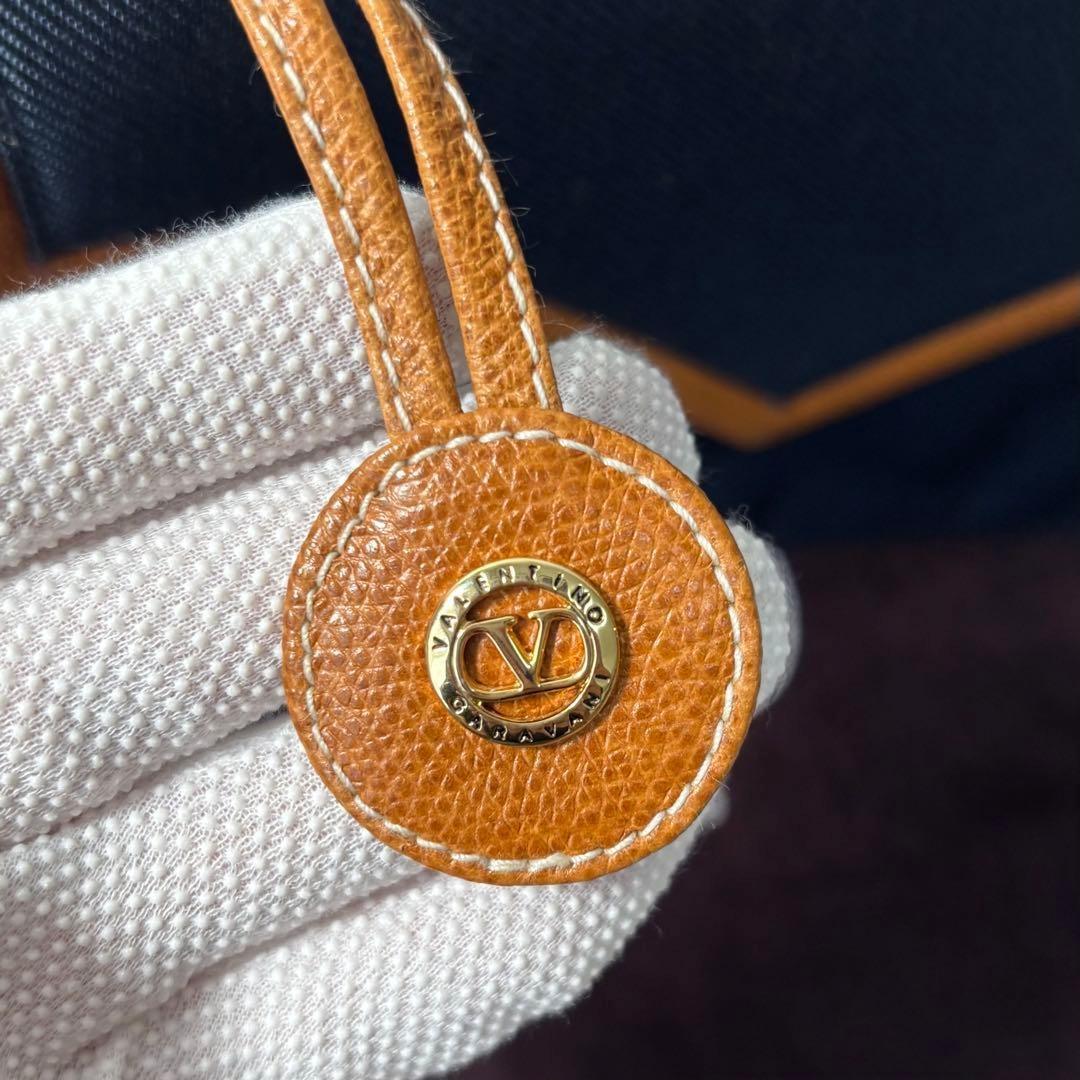 Valentino Garavani Hand Bag Tote Purse Charm Leather Canvas Navy Authentic