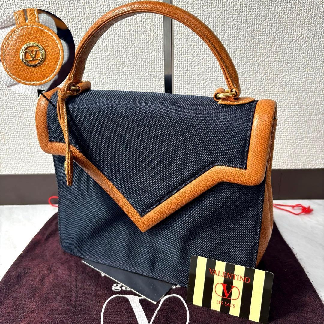 Valentino Garavani Hand Bag Tote Purse Charm Leather Canvas Navy Authentic