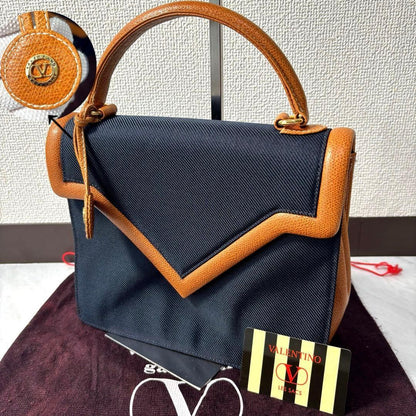Valentino Garavani Hand Bag Tote Purse Charm Leather Canvas Navy Authentic