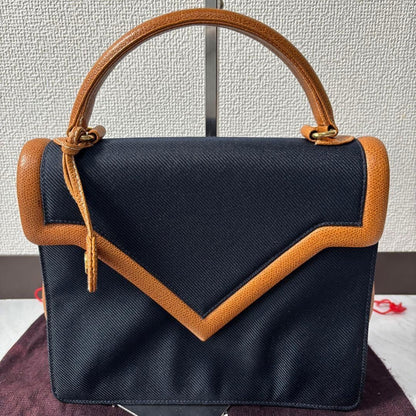 Valentino Garavani Hand Bag Tote Purse Charm Leather Canvas Navy Authentic