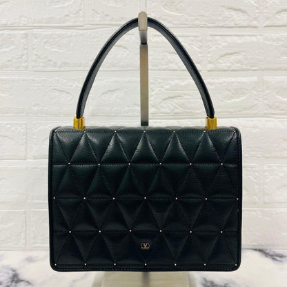 Valentino Garavani Hand Bag Tote Purse Logo Leather Black Authentic