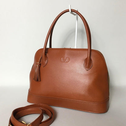 Valentino Garavani Hand Shoulder Bag Tote Purse 2way Logo Leather Brown Auth