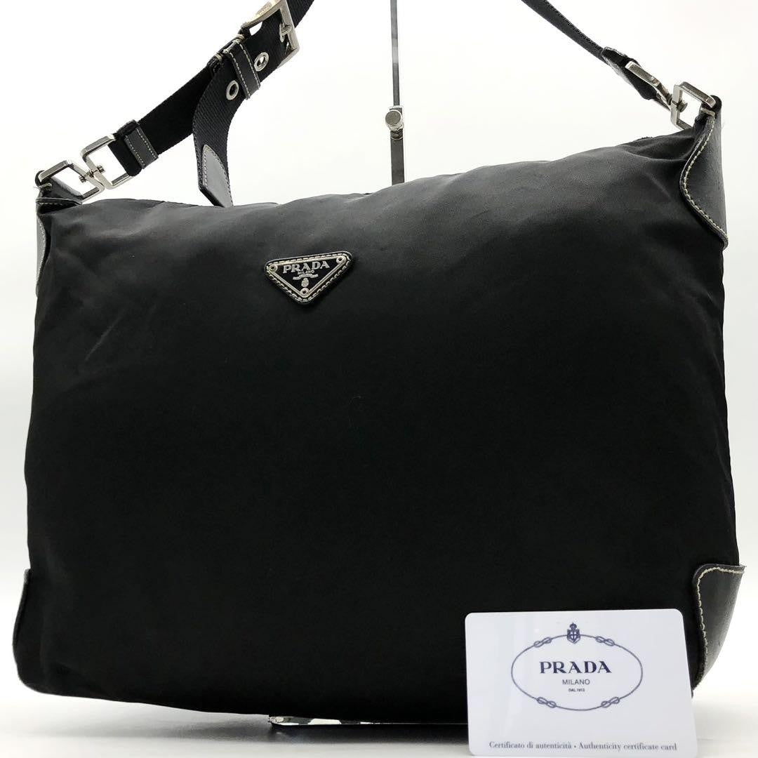 PRADA Shoulder Bag Purse Logo Nylon Leather Black Authentic
